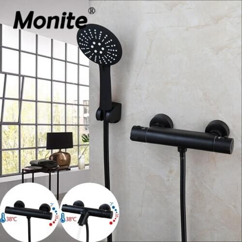 Monite Thermostatic Bathroom Shower Set Matte Black W/ Rainfall Hand Shower Held Wall Mounted Bathtub Shower Mixer Faucet Set
