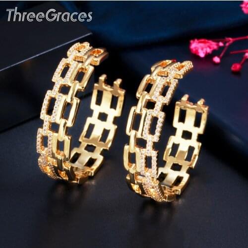 ThreeGraces 2021 Fashion Gold Color Cubic Zirconia Big Hollow Geometric Circle Round Hoop Earrings for Women Chic Jewelry ER574