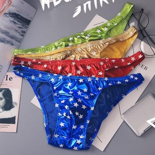High Quality Panties Men Sexy Artificial Leather Star Print Underpant Soft Brief Underwear Low Waist Mans Comfortable Panties
