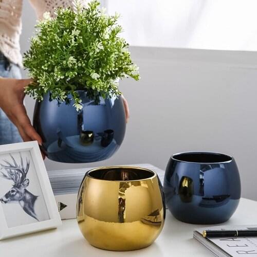 Vase Home Decor Nordic Gold Plated Ceramic Flowerpot Hotel Indoor Room Flowers Table Top European Green Plants Decoration ваза