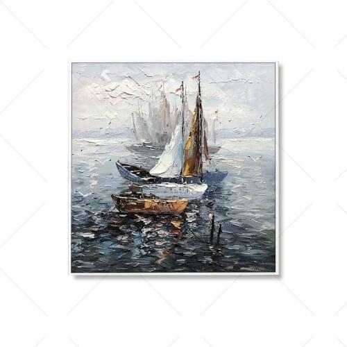 High Quality Gray Yellow Blue Ship Abstract Dreamlike Shading Method Oil Painting Canvas Handmade Painted Home Decor Artwork