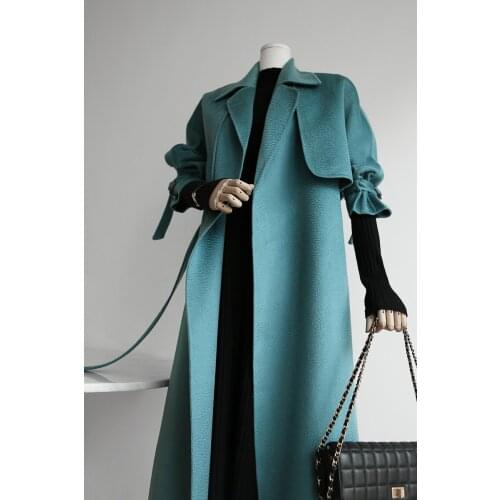 High-end big pocket blue orange stunning mid-length double-sided cashmere coat woolen coat female Korean version 21 new