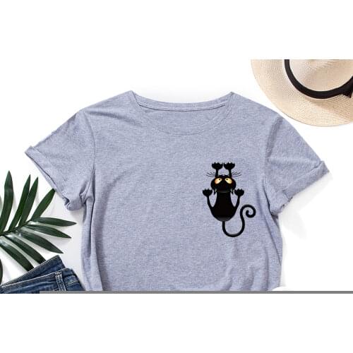Funny Animal Falling Black Cat Printed Graphic Tee for Women Short Sleeve Crewneck Cotton Summer T-shirts Tops Female Clothes
