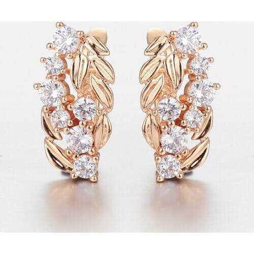 Elegant Trend 585 Rose Gold White Cubic Zircon Leaves Drop Earrings for Women Girls Full Clear Crystal Stone Jewelry GE321