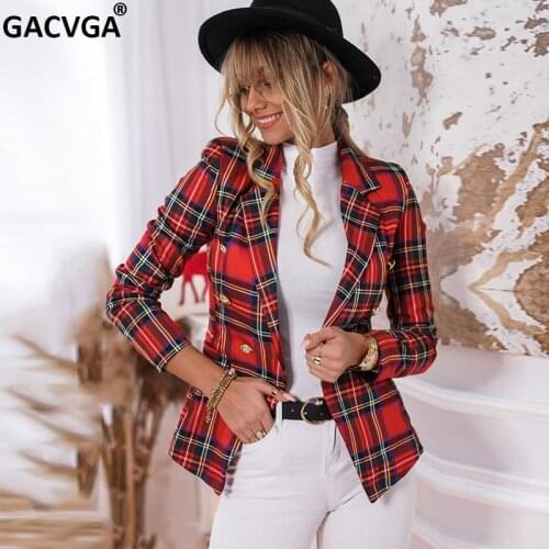 GACVGA Plaid Blazer Fashion Women Jacket Long Sleeve 2021 Autumn Designer Coats V-neck Ladies Office Casual Jackets Plus Size