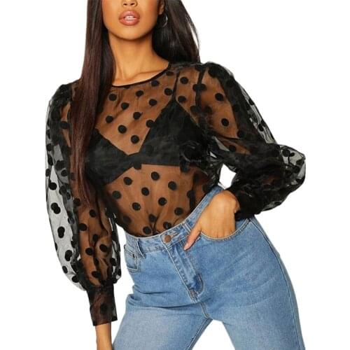 Female Fashionable Sexy and Simple Style Round-Shaped Collar and Long Bubble Sleeve with Wave Point Patterns and Translucent