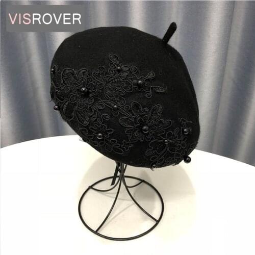 VISROVER 9 colors Autumn winter solid color wool beret with lace female wool cap winter autumn spring hat solid top quality gift