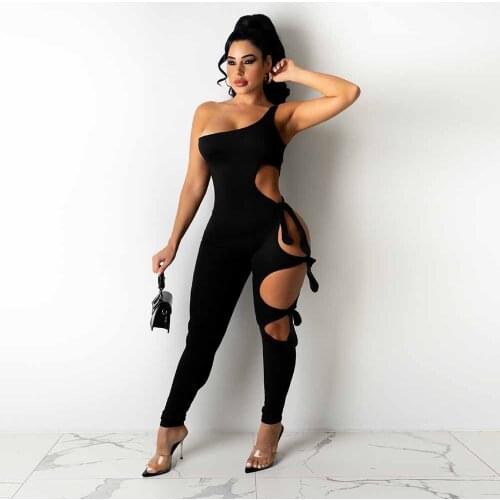 Black White Single Shoulder One Piece Overalls for Women Sleeveless Side Hollow Out Romper Streetwear Backless Party Bodysuits