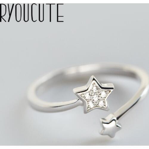 RYOUCUTE 100% Real Silver Color Exaggerated Personality Crystal Star Rings for Women Statement Adjustable Finger Ring