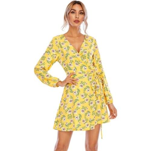 Women V-neck Casual Floral Printed Summer Dress Vestidos Fashion Ladies Long Sleeve Summer Dresses Vestidos