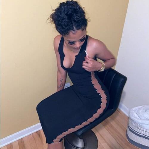 Women Sexy Side Hollow Out Dress Sleeveless Sexy V Neck Solid Elegant Casual Dress 2021 Summer Fashion Dress