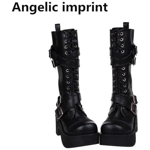 Angelic imprint mori girl Women punk motorcycle boots lady lolita Mid-calf Boots woman high trifle heels pumps platform shoes 47