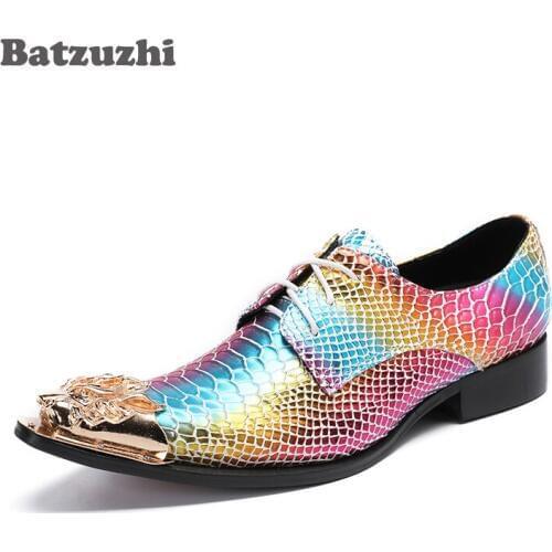 Batzuzhi Punk Rock Mens Shoes Gold Metal Toe Colorful Leather Mens Dress Shoes Personality Party and Wedding Shoes for Men, 46
