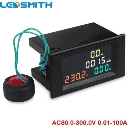 LEDSMITH Color LCD Display Digital AC Multimeter Voltmeter Ammeter 80-300V 100A Voltage Ampere Active Power Energy Meter