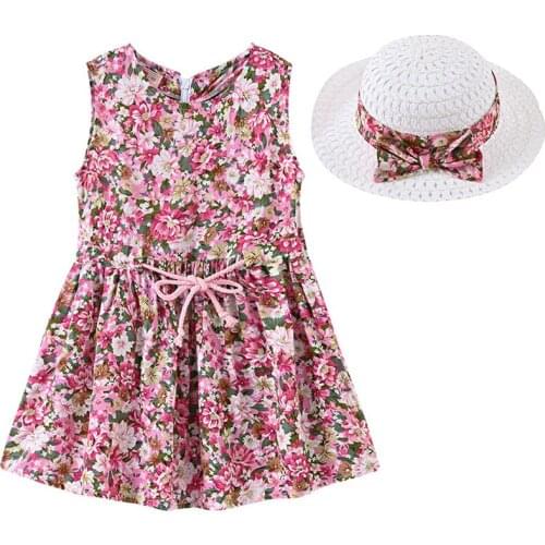 Baby Girls Clothes Dresses Summer Kids Sleeveless Flower Print Dress Cotton Clothing Free Sun Hat Girl Children Sweet Dress