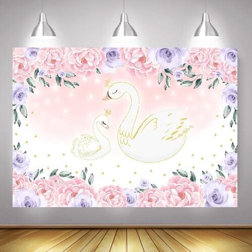 White Swan Theme Baby Shower Backdrop for Photography Pink Purple Flowers Newborn Swan Background Birthday Party Photo Studio