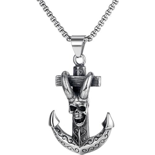 Hip-Hop Skull Pendant Necklace For Men Punk Anchor Jewelry Stainless Steel Chain