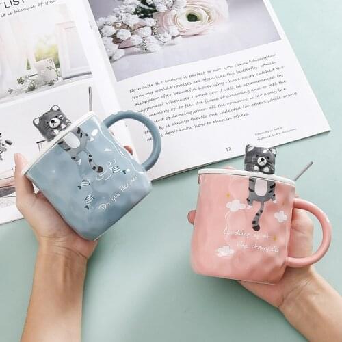 420ml Embossed Ceramic Cat Cup Cute Maiden Water Cup with Lid and Spoon Creative Design for Everyday Use of Cartoon Mugs