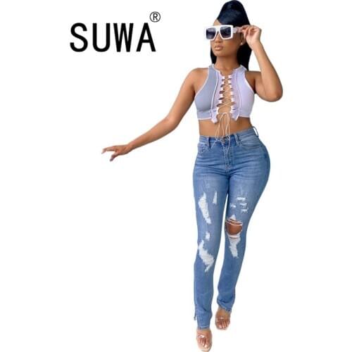 Classic Hole Trousers Skinny Ripped Jeans Woman 2020 Contrast Color Slim Jeans For Women Denim Pants Streetwear