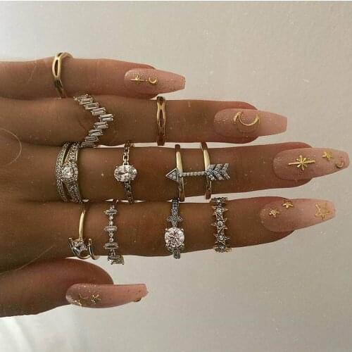 Modyle Bohemian Women Rings Ring Set Personality Lady Wedding Jewelry Gold Crown Cross Drops Geometry Crystal Anise Star Party