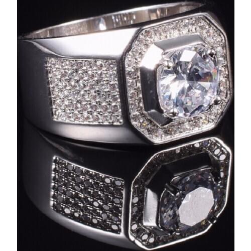 Mens 10K white gold Plated Paev cz ring 2ct Simulated Diamond Engagement Wedding Bands boys Sapphire Jewelry Size 8-13 gift