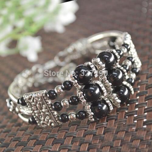 New Design Grade AAA Black Onyx Round Beads Handmade Alloy Cuff Bangles 2 Inch Extra Chain Adjustable Women Bracelets