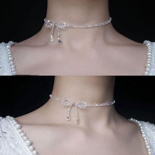 AOMU Vintage Big Bow Transparent Crystal Trendy Necklace New Beading Choker Personality Elegant Sweet Short Chain Party Jewelry