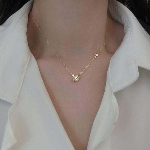 925 Sterling Silver Planet-shape Necklace for Women Exquisite Zircon Clavicle Chain Necklace Jewelry S-N710