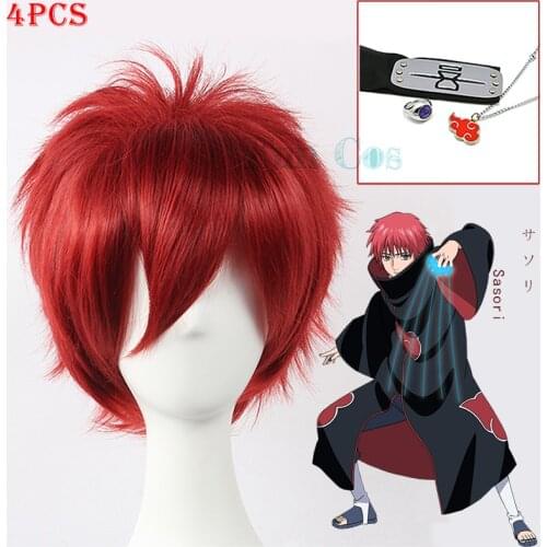 Anime Boruto Character Sasori Cosplay Wig Red Short Wig Headband Heat Resistant Fiber Hair + Free Wig Cap for Boys Girls Adults