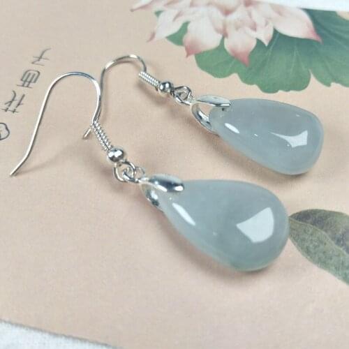 Natural 925 sterling silver inlaid jadeite drop shape simple retro earrings jewelry individuality for women earings