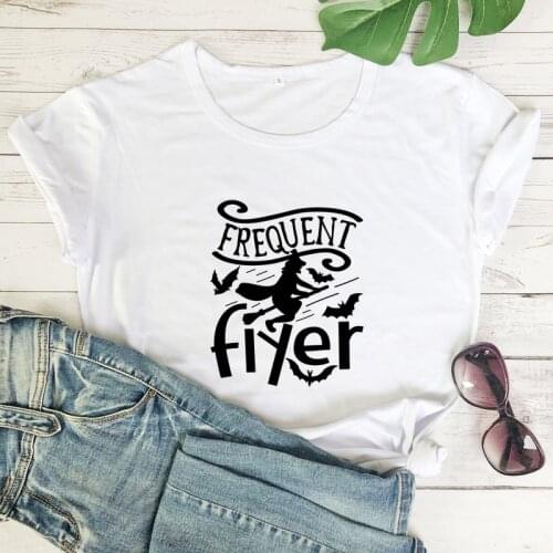 Frequent Flyer 100% Cotton T-shirt Funny Witch Holiday Gift Tshirt Autumn Women Graphic Halloween Party Top Tee Shirt Femme