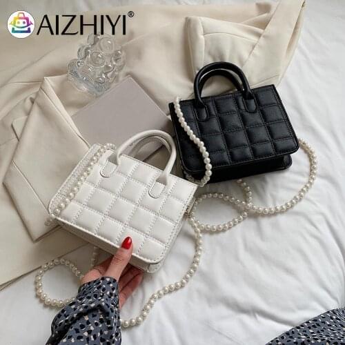 Vintage Women Bag Checkered Pattern PU Mini Shoulder Casual Pearl Chain Handbags Fashion Cell Phone Crossbody Bag