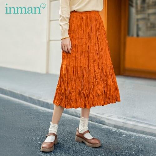 INMAN Spring Autumn Artsy Women Female Elastic High Waist Fit Shape Mid-calf Length Pleated A Line Skirt