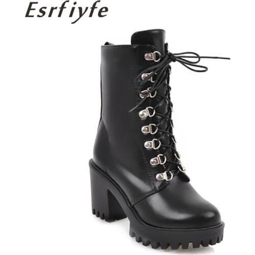 ESRFIYFE 2020 New Women Ankle Boots Platform Winter Shoes High Heels Female Shoes Black Lace Up Casual Shoes Plus Size 34-44