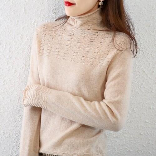 Cashmere sweater women 21 new style 100% pure wool pile pile collar spring and autumn fashion hollow bottoming sweater all-match