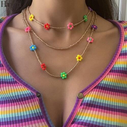 HangZhi 2021 New 3pcs/set Sweet Colorful Flowers Daisy Beads Acrylic Choker Necklace for Women Girls Summer Vacation Jewelry