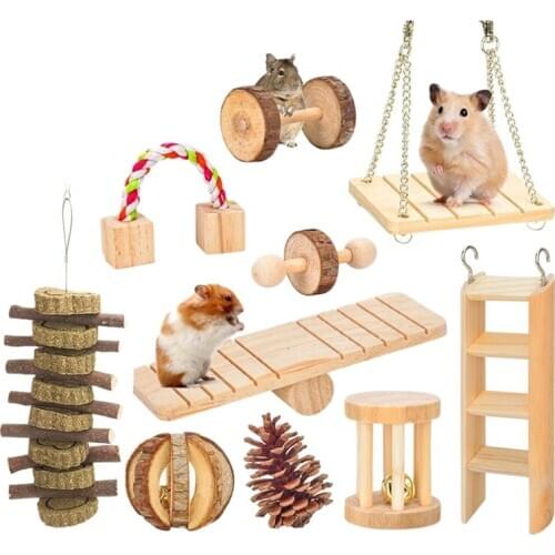 10 Pcs Set Hamster Chew Toys Natural Wooden Gerbils Rats Chinchillas Toys Accessories Dumbbells Exercise Bell Roller Teeth Care