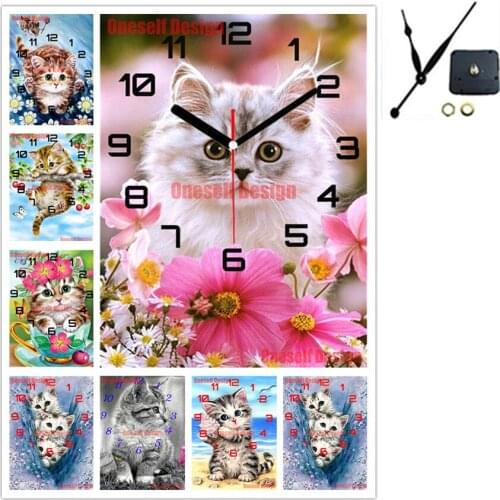 Diy diamond painting cross stitch clock cute cat diamond mosaic sale clock flower rhinestone pictures diamond embroidery full