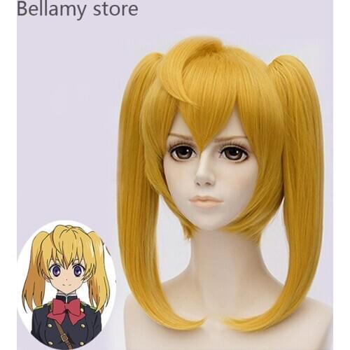 Anime Seraph of the end Mitsuba Sangu Straight Yellow Ponytail Heat Resistant Cosplay Costume hairwear Wig+Wig Cap