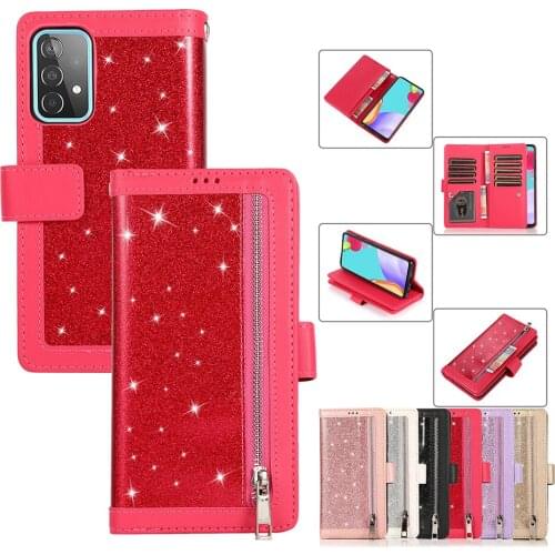 Glitter Wallet Case For Samsung Galaxy A20E A72 A71 A52 A42 S21 FE S20 Plus A10 A20 A30S A50S A41 Cash Holder Wrist Strap Cover