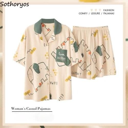Women Pajama Sets Turn-down Collar Tops Printed Shorts Loose Leisure Trendy Sleepwear Large Size M-3XL Lounge Females Home Chic
