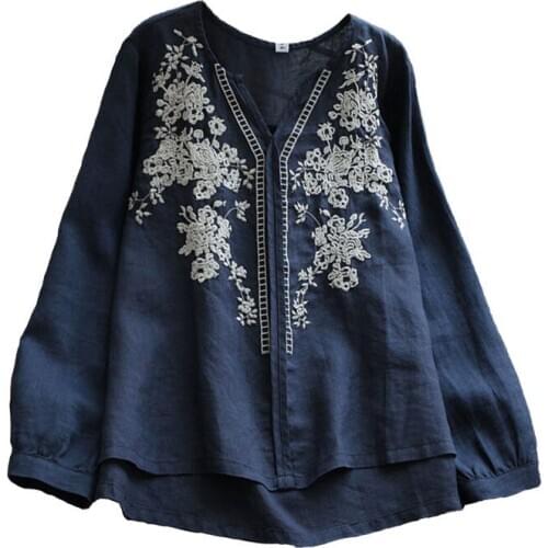 Cotton Linen Tee Shirt Femme Tops 100% Cotton Spring Autumn Women Long Sleeve V-Neck Tshirt Plus Size Vintage Embroidery