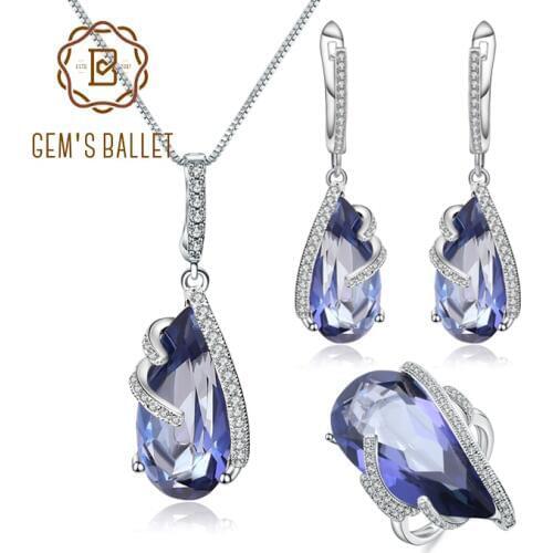 GEMS BALLET 925 Sterling Silver Water Drop Earrings Ring Pendant Sets For Women Natural Iolite Blue Mystic Quartz Jewelry Set