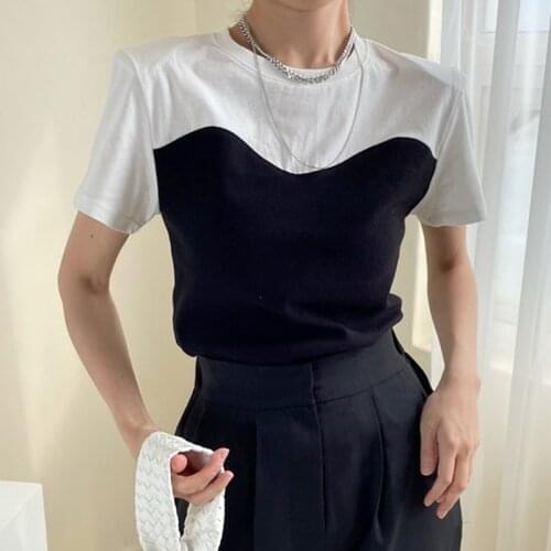 Korea Chic Summer Leisure Wild Round Neck Contrast Stitching Design Loose Short-Sleeved Pullover T-Shirt Top Women