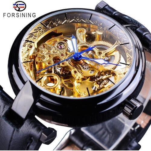 Forsining Retro Black Golden Skeleton Watches Blue Luminous Hands Genuine Leather Mens Mechanical Clock Transparent Wristwatch
