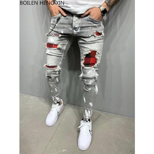 Mens Spray Lacquer Embroidered jeans Skinny Jeans Ripped Grid Stretch Denim Pants MAN Elastic Waist Jogging Denim Trousers