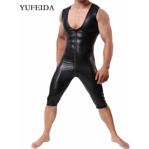 Faux Leather Mens Undershirts Bodysuits Catsuit Zipper Jumpsuit Wrestling Singlet Leotard Wet Look Night Stage Dance Clubwear
