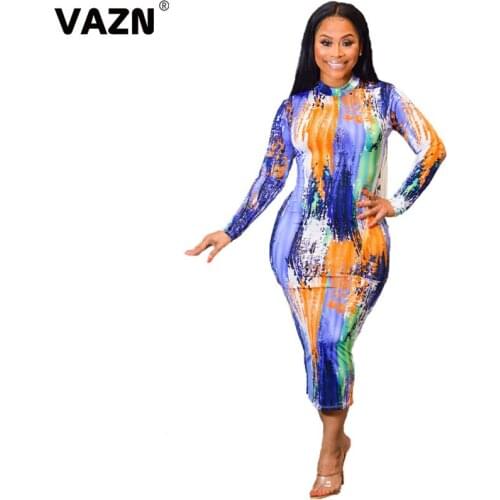 VAZN 2020 New Retro Sexy Soft Elastic Young Elegant Joker Style Turtleneck Full Sleeve Women High Waist Thin Midi Dress