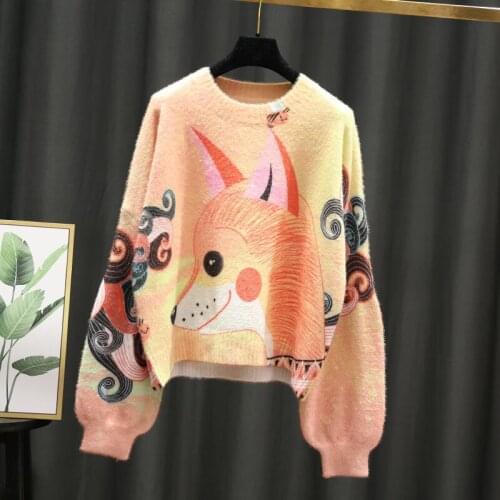 2021 New Autumn Winter Womens Cartoon Sweater Fox Loose Korean Mink Cashmere Imitation Thickened Warm Pullover Cute Girl