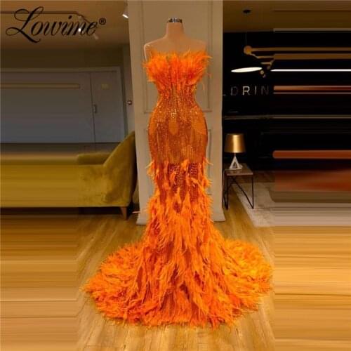 Feathers Orange Evening Dresses 2020 Newest Arabic Dubai Mermaid Beads Women Evening Wear Celebrity Party Dresses Long Prom Gown